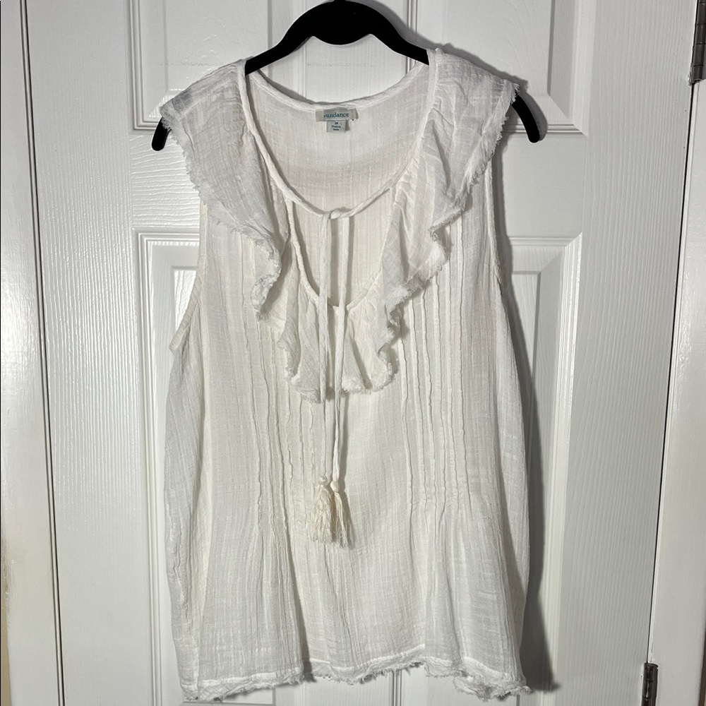 Sundance sleeveless cotton gauze pull over ruffle V-neck tassel ties white Med